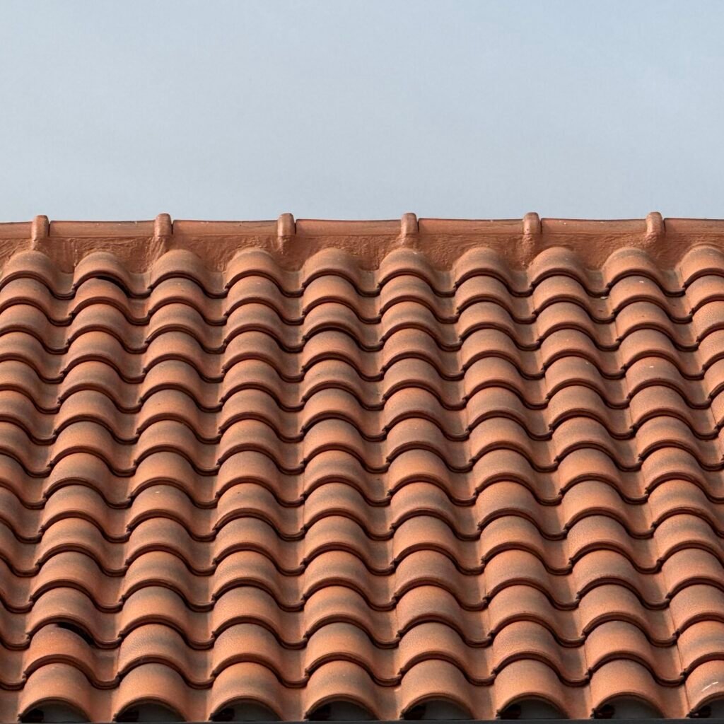 Cubierta de teja cerámica en vivienda unifamiliar en Villar del Yermo (León) Detalle de cubierta de teja cerámica en vivienda unifamiliar en Villar del Yermo, León